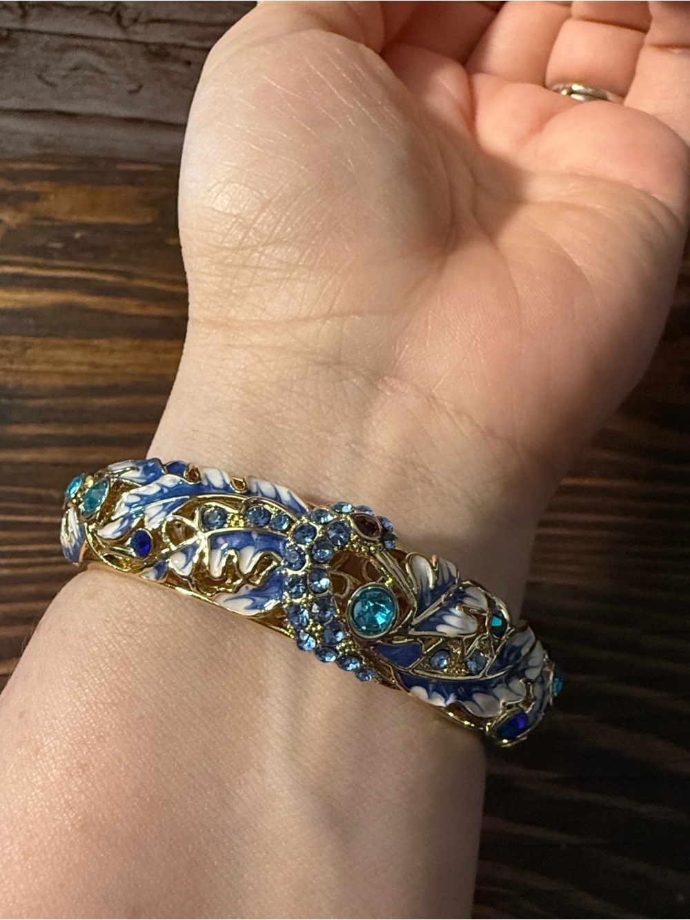 Gold Blue and white floral Crystal enamel hinged Wide bangle bracelet